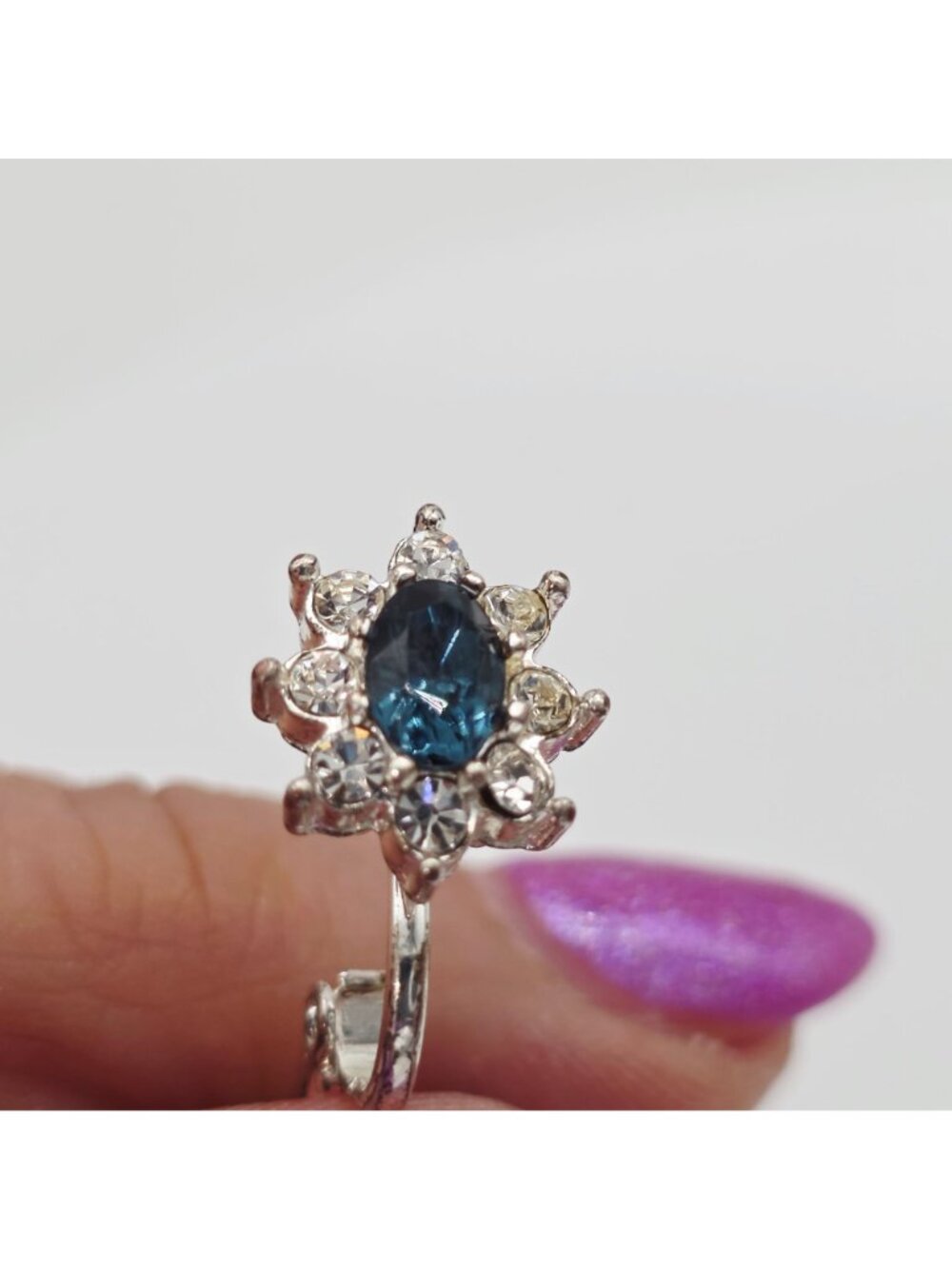 Vintage Silver-Tone Clip-On Earrings With Blue & Clear Rhinestones Floral Design - Picture 5 of 7